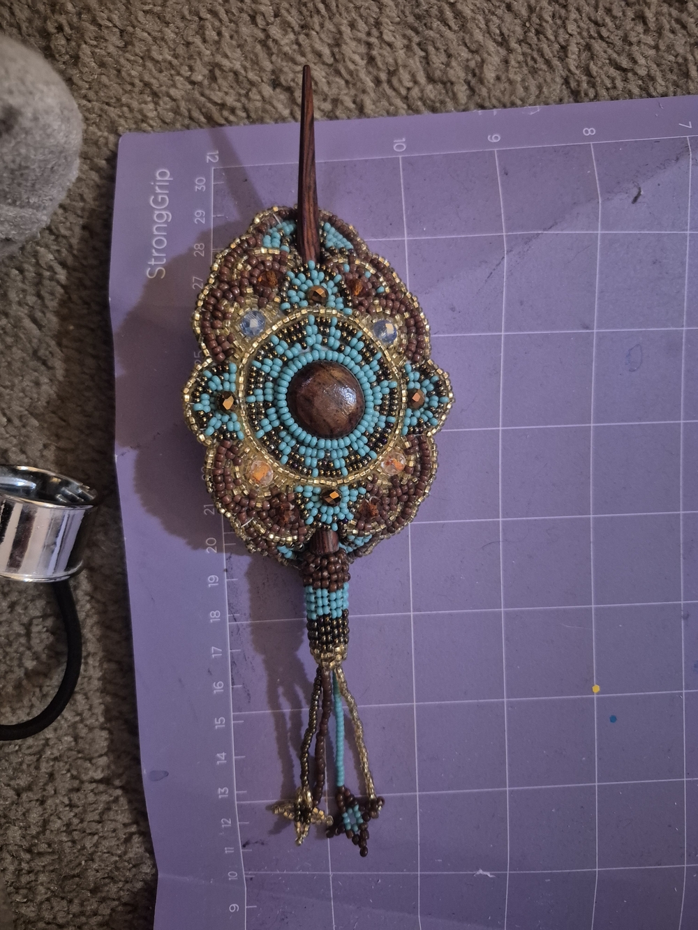 Turquoise and Brown Beaded Hair Stick with Wooden Accent